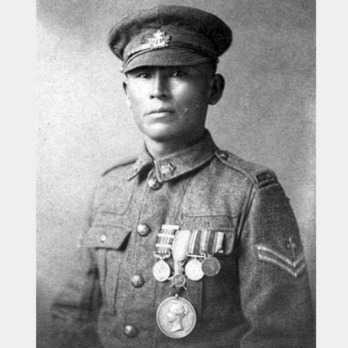 Francis (Binaaswi) Pegahmagabow wearing a Military Merit Medal, 1914-15 Star and other decorations.